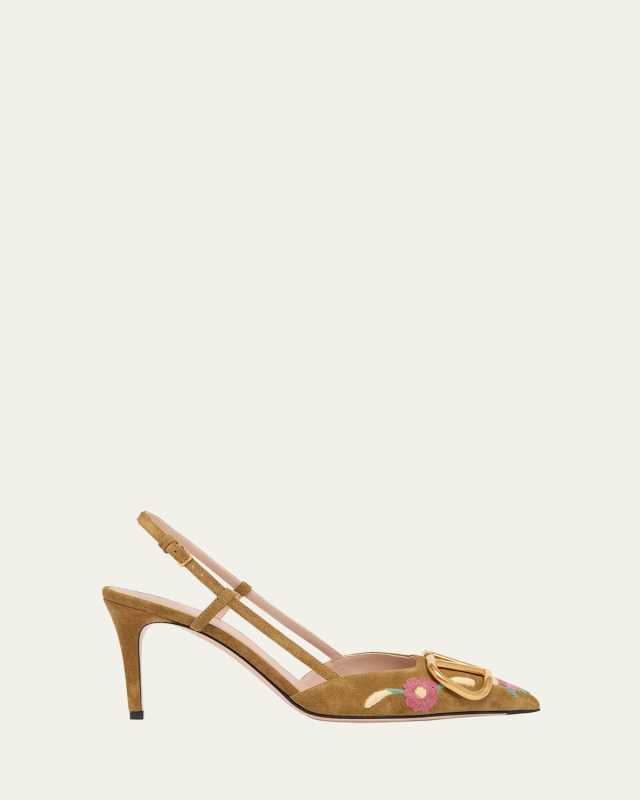 VLogo Signature Flower-Embroidered Suede Slingback Pumps